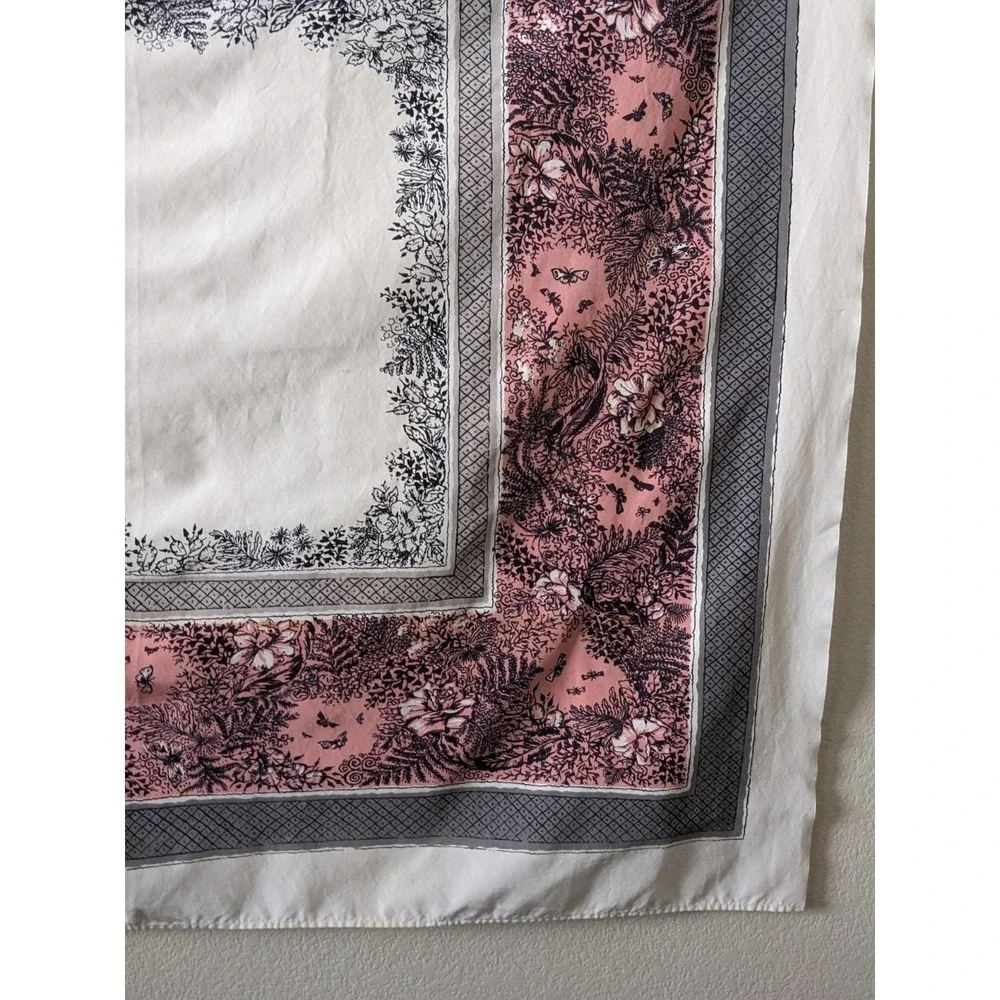 Vintage California Hand Prints Tablecloth Pink Gray Botanical Butterflies 1950s